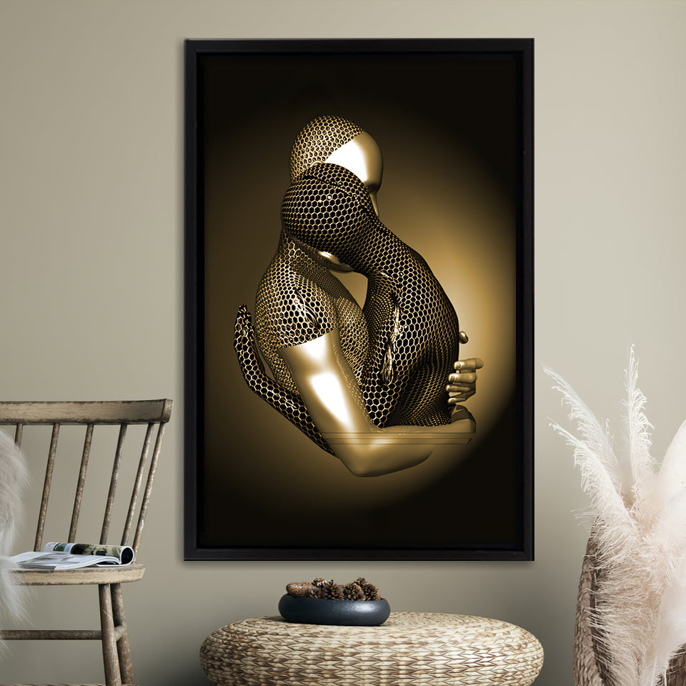 3d Effect Art The Hug Gold Framed Canvas Prints Wall Art - Painting Canvas, Wall Decor, Framed Art, Prints for Sale