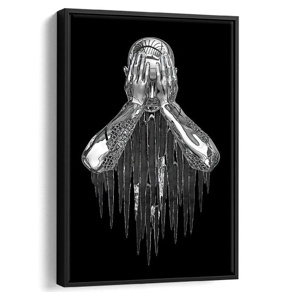 3D Effect Art Regret Man Silver Glitter Embroidered Framed Canvas Prints Wall Art - Painting Canvas,Floating Frame, Home Wall Decor