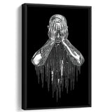 3D Effect Art Regret Man Silver Glitter Embroidered Framed Canvas Prints Wall Art - Painting Canvas,Floating Frame, Home Wall Decor