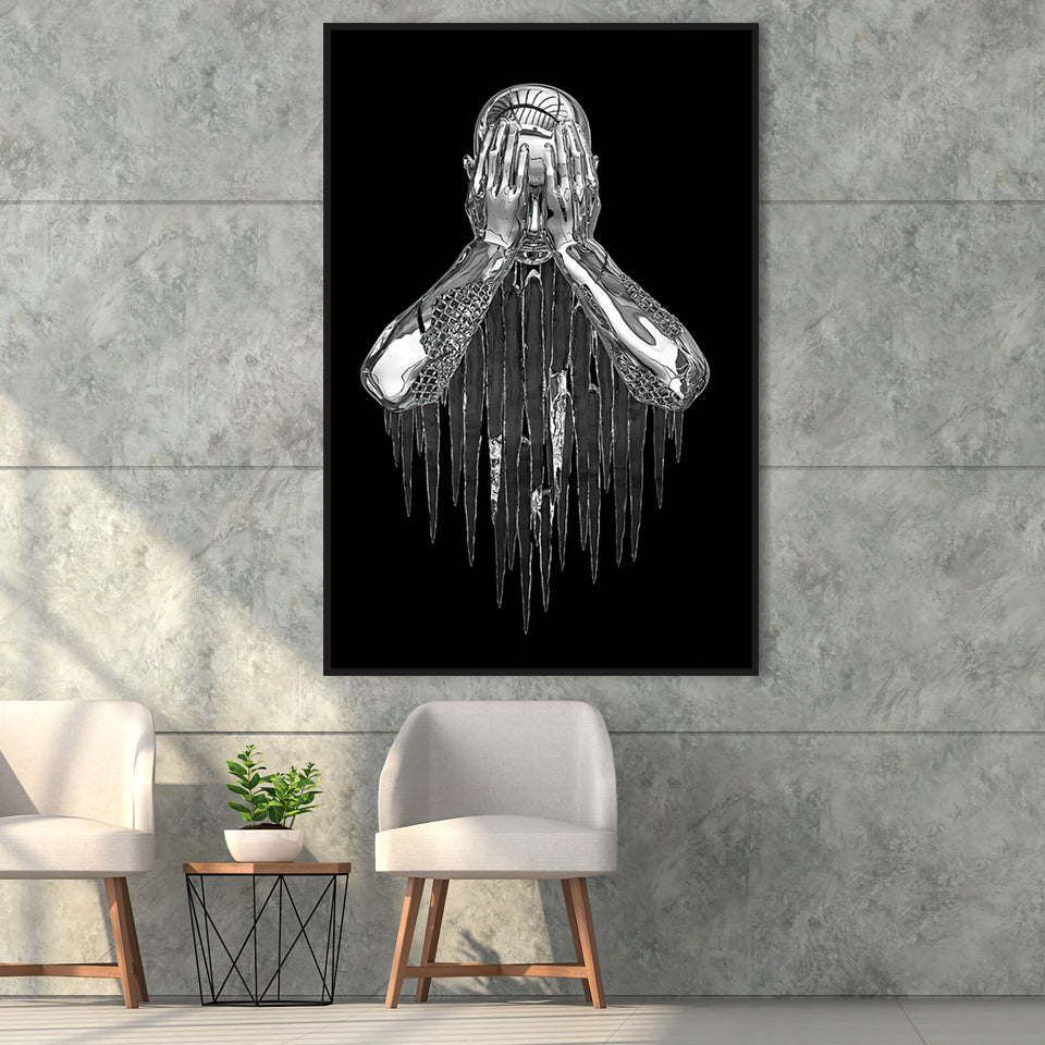 3D Effect Art Regret Man Silver Glitter Embroidered Framed Canvas Prints Wall Art - Painting Canvas,Floating Frame, Home Wall Decor