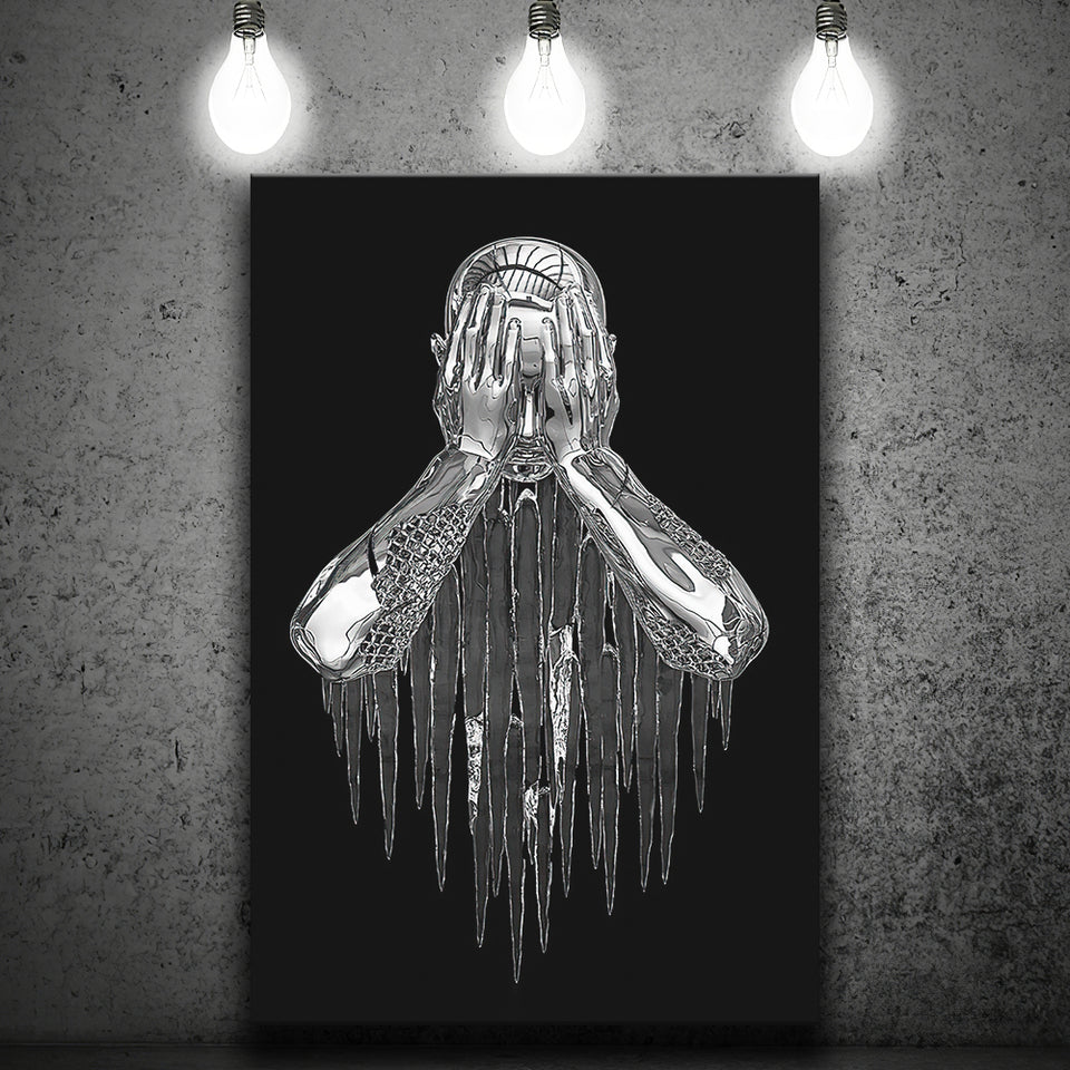 3D Effect Art Regret Man Silver Glitter Embroidered Canvas Prints Wall Art - Painting Canvas, Home Wall Decor, For Sale
