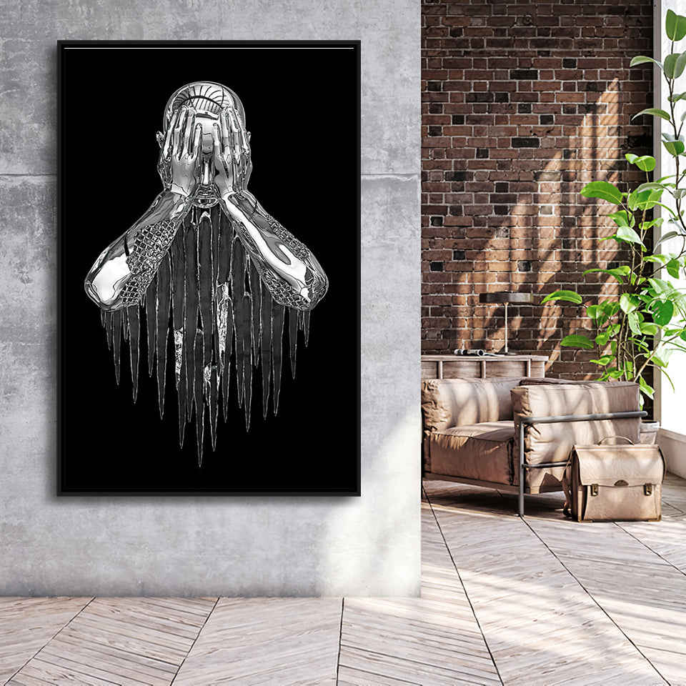 3D Effect Art Regret Man Silver Glitter Embroidered Framed Canvas Prints Wall Art - Painting Canvas,Floating Frame, Home Wall Decor