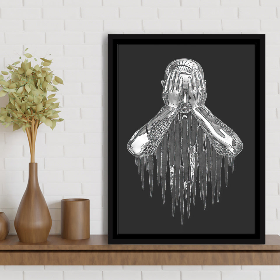 3D Effect Art Regret Man Silver Glitter Embroidered Framed Canvas Prints Wall Art - Painting Canvas,Floating Frame, Home Wall Decor