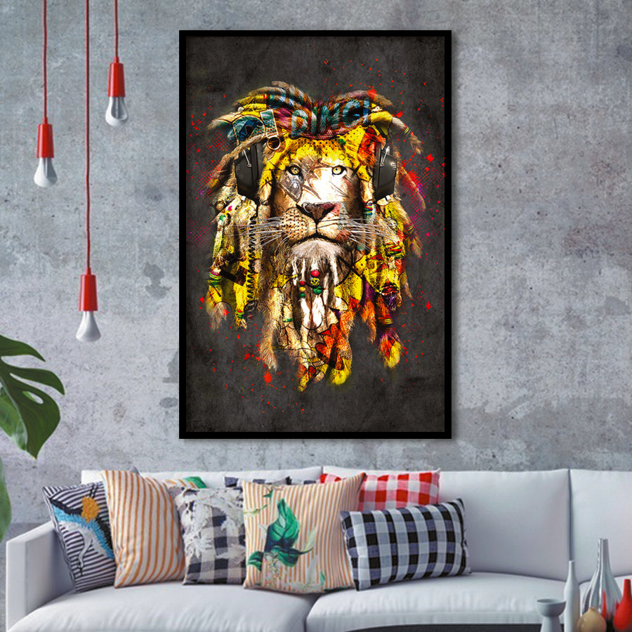 African Lion King Headphone Framed Art Print Wall Decor - Painting Art, Wall Art, Framed Picture, Black Frame