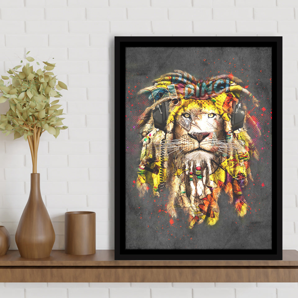 African Lion King Headphone Framed Canvas Prints Wall Art Decor - Painting Canvas, Floating Frame, Framed Picture