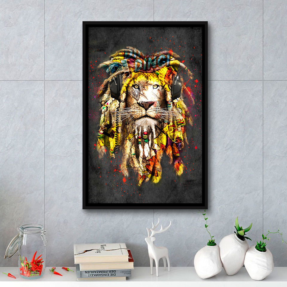 African Lion King Headphone Framed Canvas Prints Wall Art Decor - Painting Canvas, Floating Frame, Framed Picture