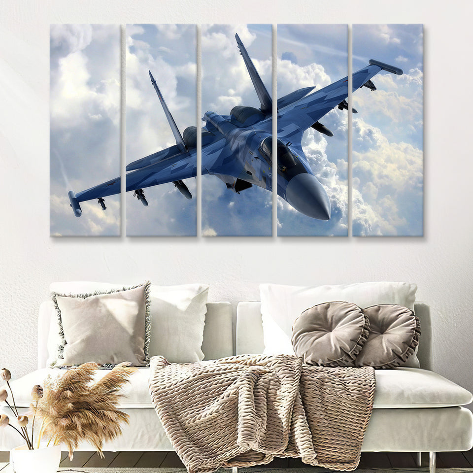 A Blue Su 35 War Airplane 5 Piece B Canvas Prints Wall Art Decor - Painting Canvas, Multi Panels
