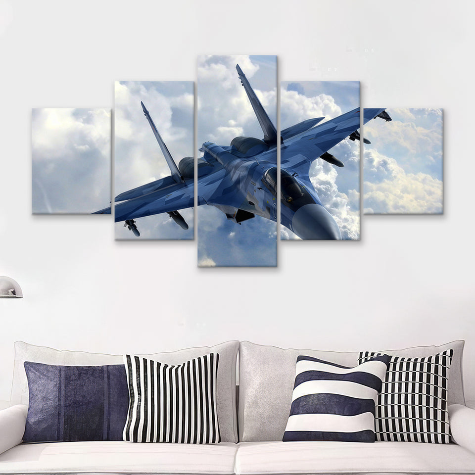 A Blue Su 35 War Airplane 5 Piece Canvas Prints Wall Art Decor - Painting Canvas, Multi Panels