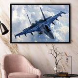 A Blue Su 35 War Airplane Framed Canvas Prints Wall Art Decor - Painting Canvas, Black Framed Picture