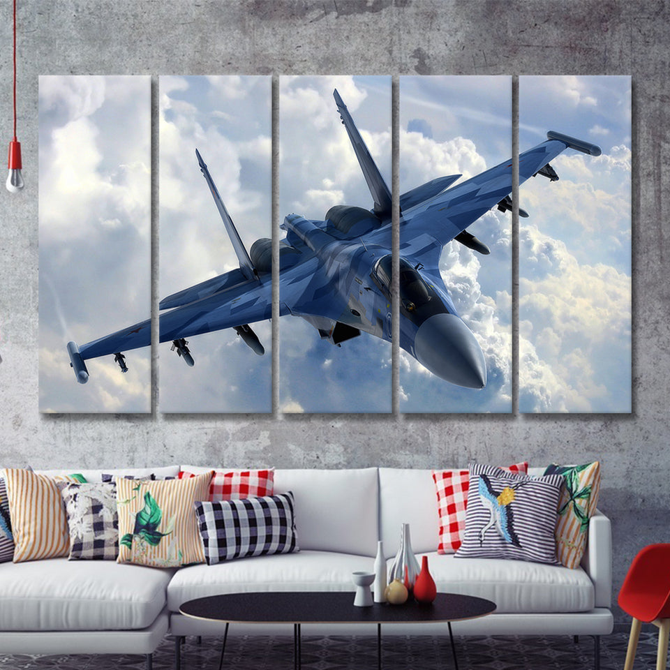 A Blue Su 35 War Airplane 5 Piece B Canvas Prints Wall Art Decor - Painting Canvas, Multi Panels