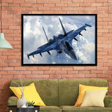A Blue Su 35 War Airplane Framed Art Prints Wall Decor - Painting Art, Framed Picture, Ready to Hang