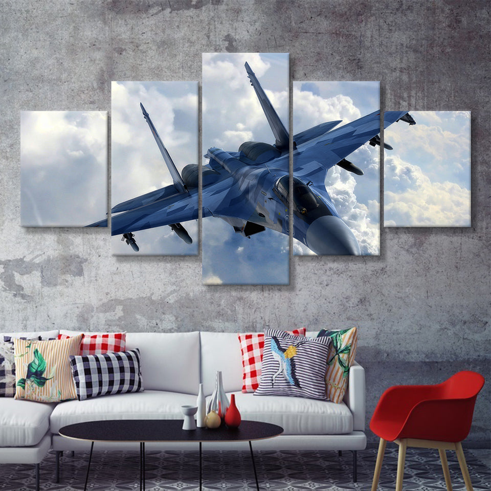 A Blue Su 35 War Airplane 5 Piece Canvas Prints Wall Art Decor - Painting Canvas, Multi Panels