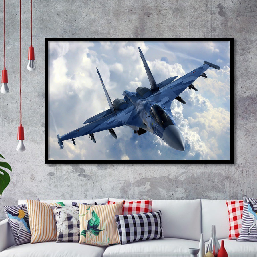 A Blue Su 35 War Airplane Framed Art Prints Wall Decor - Painting Art, Framed Picture, Ready to Hang