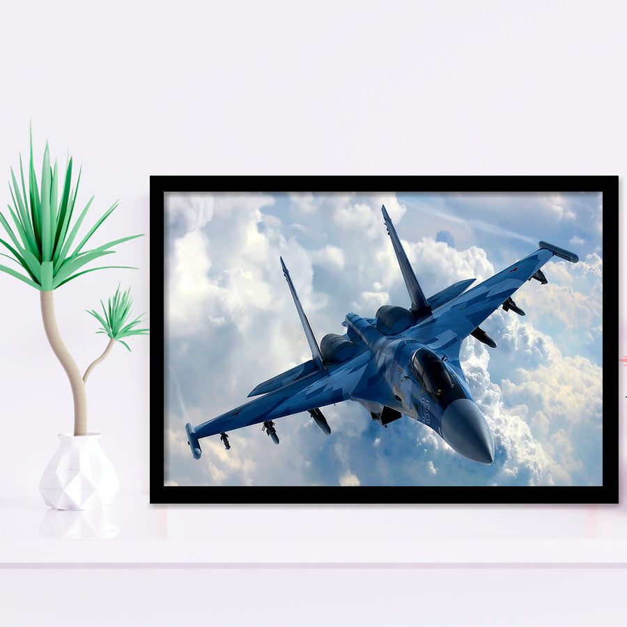 A Blue Su 35 War Airplane Framed Art Prints Wall Decor - Painting Art, Framed Picture, Ready to Hang