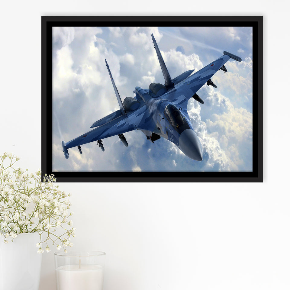 A Blue Su 35 War Airplane Framed Canvas Prints Wall Art Decor - Painting Canvas, Black Framed Picture