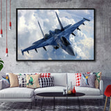 A Blue Su 35 War Airplane Framed Canvas Prints Wall Art Decor - Painting Canvas, Black Framed Picture