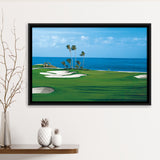 A Bright Green Perfectly Mowed Grass Golf Course By The Sea Framed Canvas Prints Wall Art - Painting Canvas, Floating Frame, Wall Decor