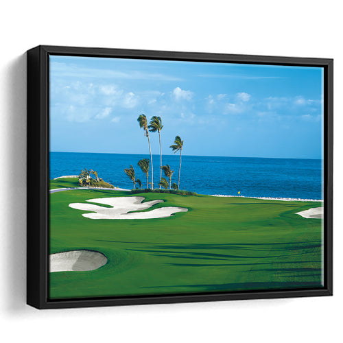 A Bright Green Perfectly Mowed Grass Golf Course By The Sea Framed Canvas Prints Wall Art - Painting Canvas, Floating Frame, Wall Decor