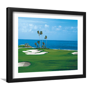 A Bright Green Perfectly Mowed Grass Golf Course By The Sea Framed Art Prints Wall Art - Painting Prints, White Border, Framed Picture