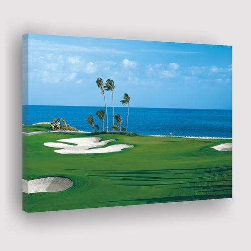 A Bright Green Perfectly Mowed Grass Golf Course By The Sea Canvas Prints Wall Art - Painting Canvas, Art Prints, Wall Decor