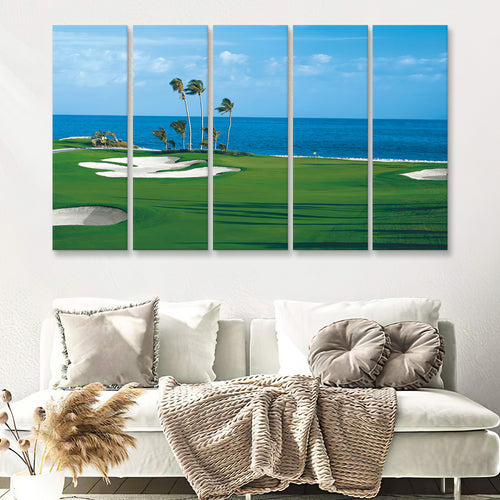 A Bright Green Perfectly Mowed Grass Golf Course By The Sea 5 Pieces B Canvas Prints Wall Art - Painting Canvas, Multi Panel