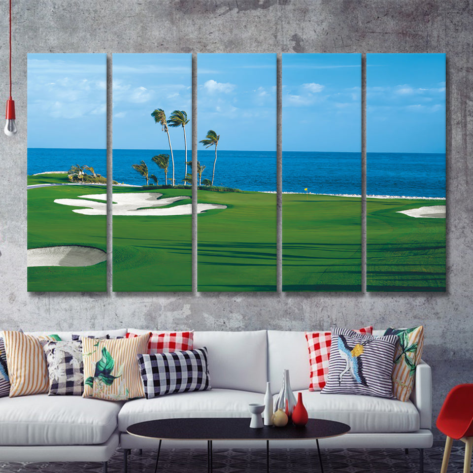 A Bright Green Perfectly Mowed Grass Golf Course By The Sea 5 Pieces B Canvas Prints Wall Art - Painting Canvas, Multi Panel
