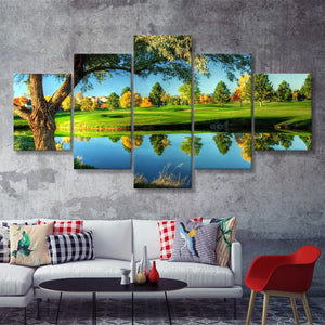 A Calm And Peaceful Bright Green Golf Cours 5 Pieces Canvas Prints Wall Art - Painting Canvas, Multi Panel