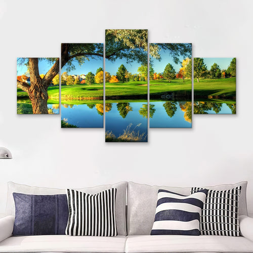 A Calm And Peaceful Bright Green Golf Cours 5 Pieces Canvas Prints Wall Art - Painting Canvas, Multi Panel