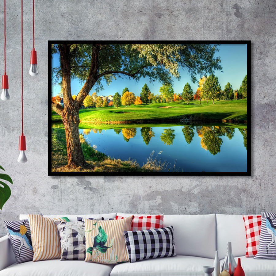 A Calm And Peaceful Bright Green Golf Cours Framed Art Prints Wall Art Decor - Painting Prints, Framed Picture
