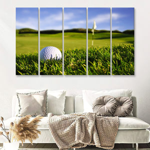 A Golf Course Featuring A Perfect White Golf Ball In The Grassland 5 Pieces B Canvas Prints Wall Art - Painting Canvas, Multi Panel