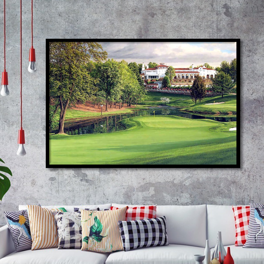 A Golf Course In Front Of A Big White Mansion Framed Art Prints Wall Art Decor - Painting Prints, Framed Picture