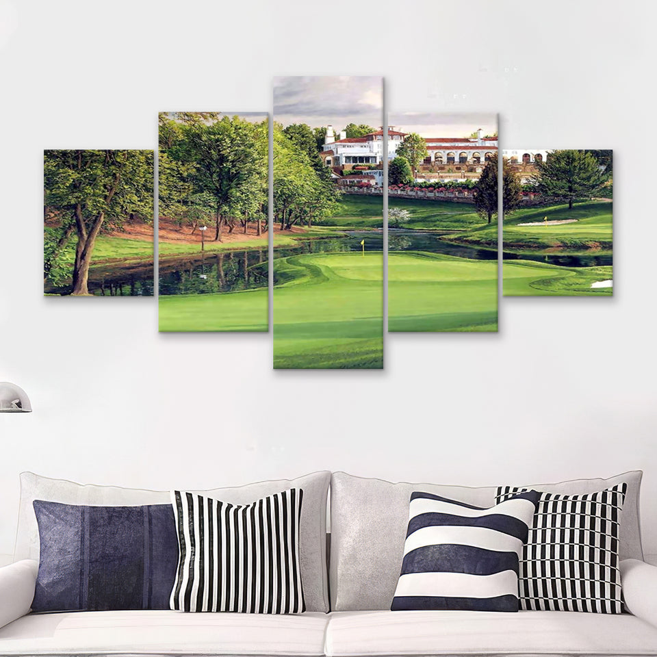 A Golf Course In Front Of A Big White Mansion 5 Pieces Canvas Prints Wall Art - Painting Canvas, Multi Panel