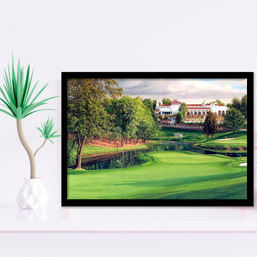A Golf Course In Front Of A Big White Mansion Framed Art Prints Wall Art Decor - Painting Prints, Framed Picture