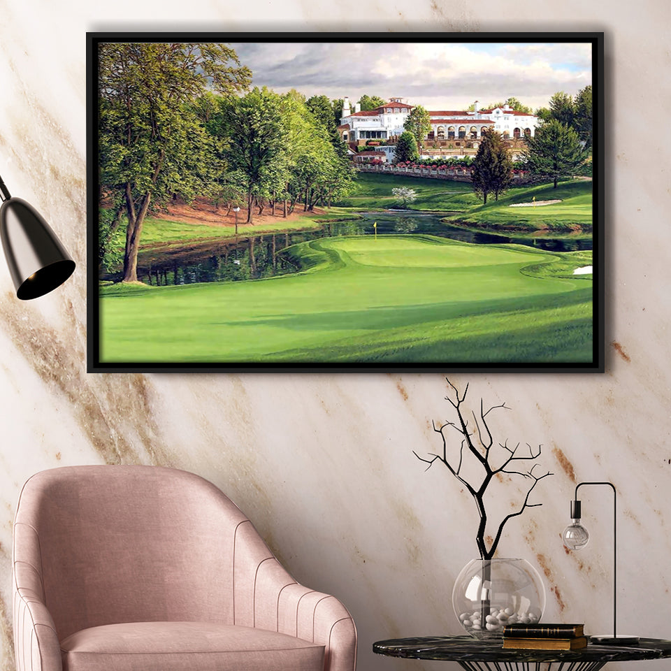 A Golf Course In Front Of A Big White Mansion Framed Canvas Prints Wall Art - Painting Canvas, Floating Frame, Wall Decor