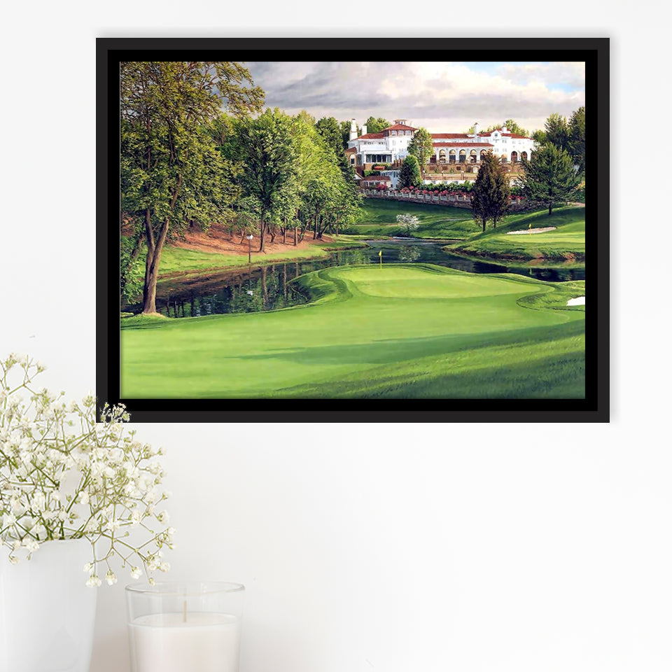 A Golf Course In Front Of A Big White Mansion Framed Canvas Prints Wall Art - Painting Canvas, Floating Frame, Wall Decor