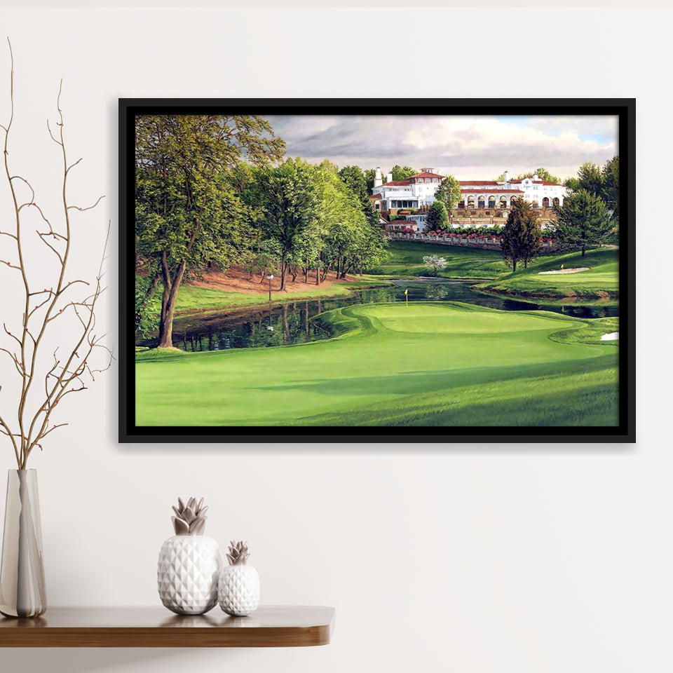 A Golf Course In Front Of A Big White Mansion Framed Canvas Prints Wall Art - Painting Canvas, Floating Frame, Wall Decor