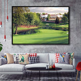 A Golf Course In Front Of A Big White Mansion Framed Canvas Prints Wall Art - Painting Canvas, Floating Frame, Wall Decor
