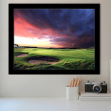 A Golf Course Looking Bright Under The Dark Clouds Framed Art Prints Wall Art Decor - Painting Prints, Framed Picture