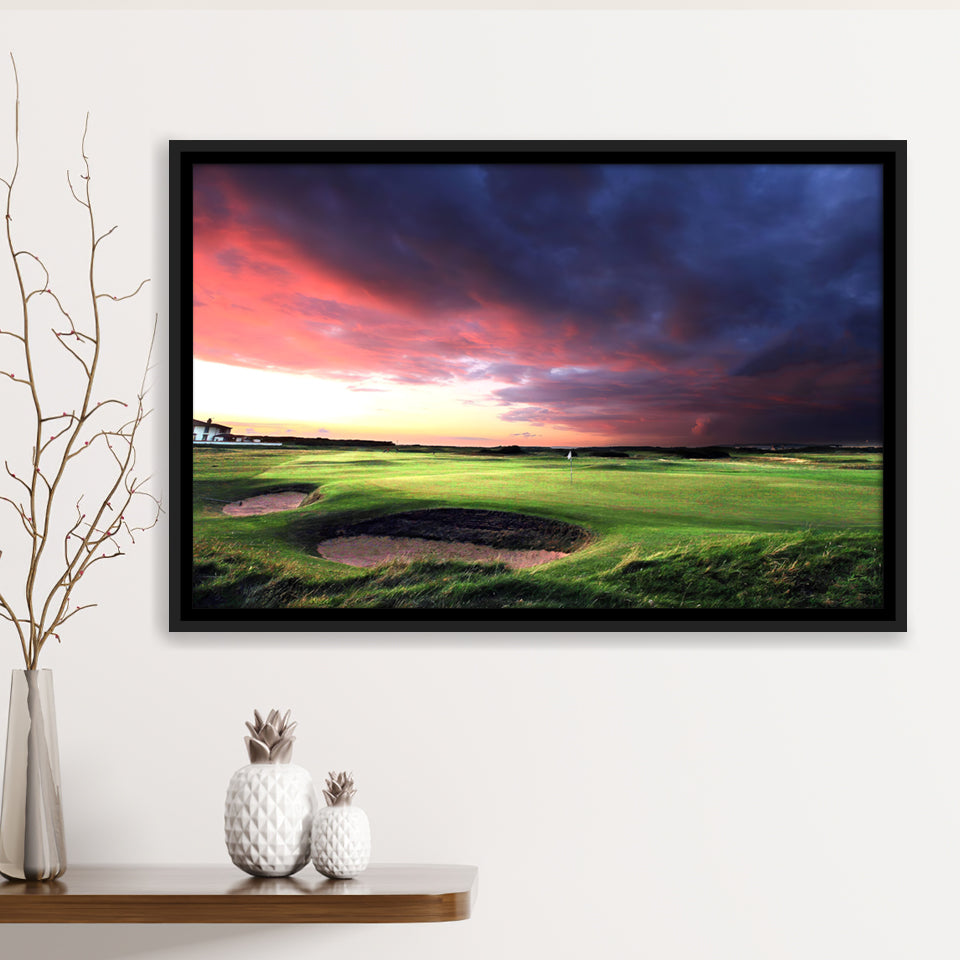 A Golf Course Looking Bright Under The Dark Clouds Framed Canvas Prints Wall Art - Painting Canvas, Floating Frame, Wall Decor
