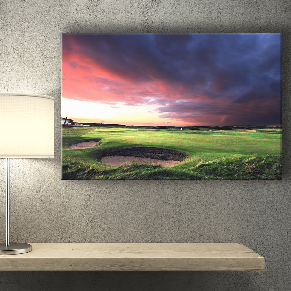 A Golf Course Looking Bright Under The Dark Clouds Canvas Prints Wall Art - Painting Canvas, Art Prints, Wall Decor