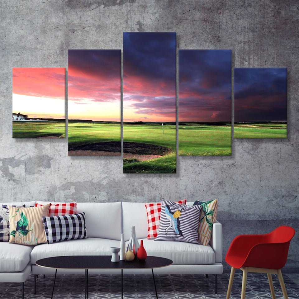 A Golf Course Looking Bright Under The Dark Clouds 5 Pieces Canvas Prints Wall Art - Painting Canvas, Multi Panel
