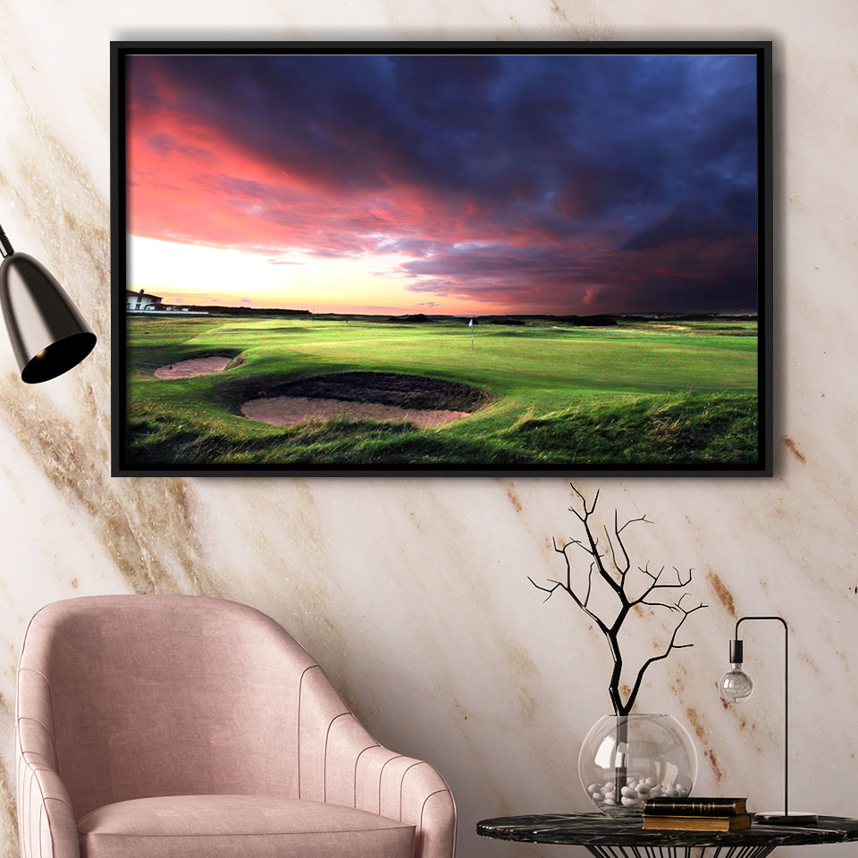 A Golf Course Looking Bright Under The Dark Clouds Framed Canvas Prints Wall Art - Painting Canvas, Floating Frame, Wall Decor