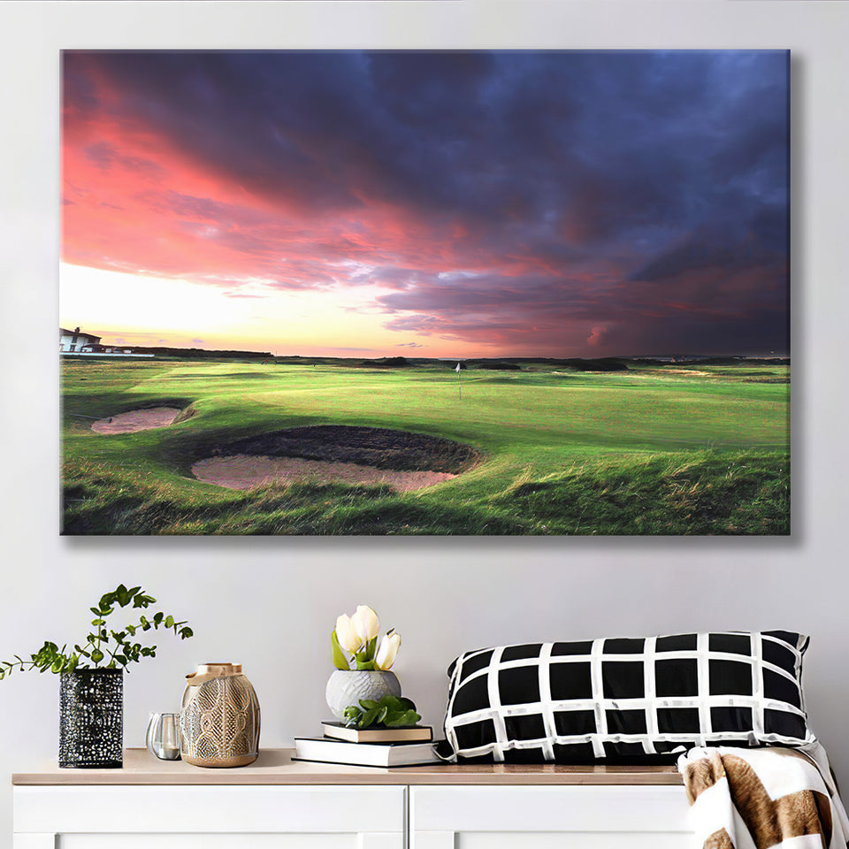 A Golf Course Looking Bright Under The Dark Clouds Canvas Prints Wall Art - Painting Canvas, Art Prints, Wall Decor