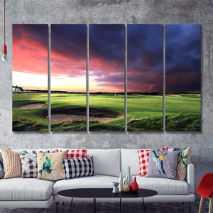 A Golf Course Looking Bright Under The Dark Clouds 5 Pieces B Canvas Prints Wall Art - Painting Canvas, Multi Panel