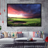 A Golf Course Looking Bright Under The Dark Clouds Framed Canvas Prints Wall Art - Painting Canvas, Floating Frame, Wall Decor