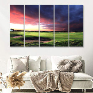 A Golf Course Looking Bright Under The Dark Clouds 5 Pieces B Canvas Prints Wall Art - Painting Canvas, Multi Panel