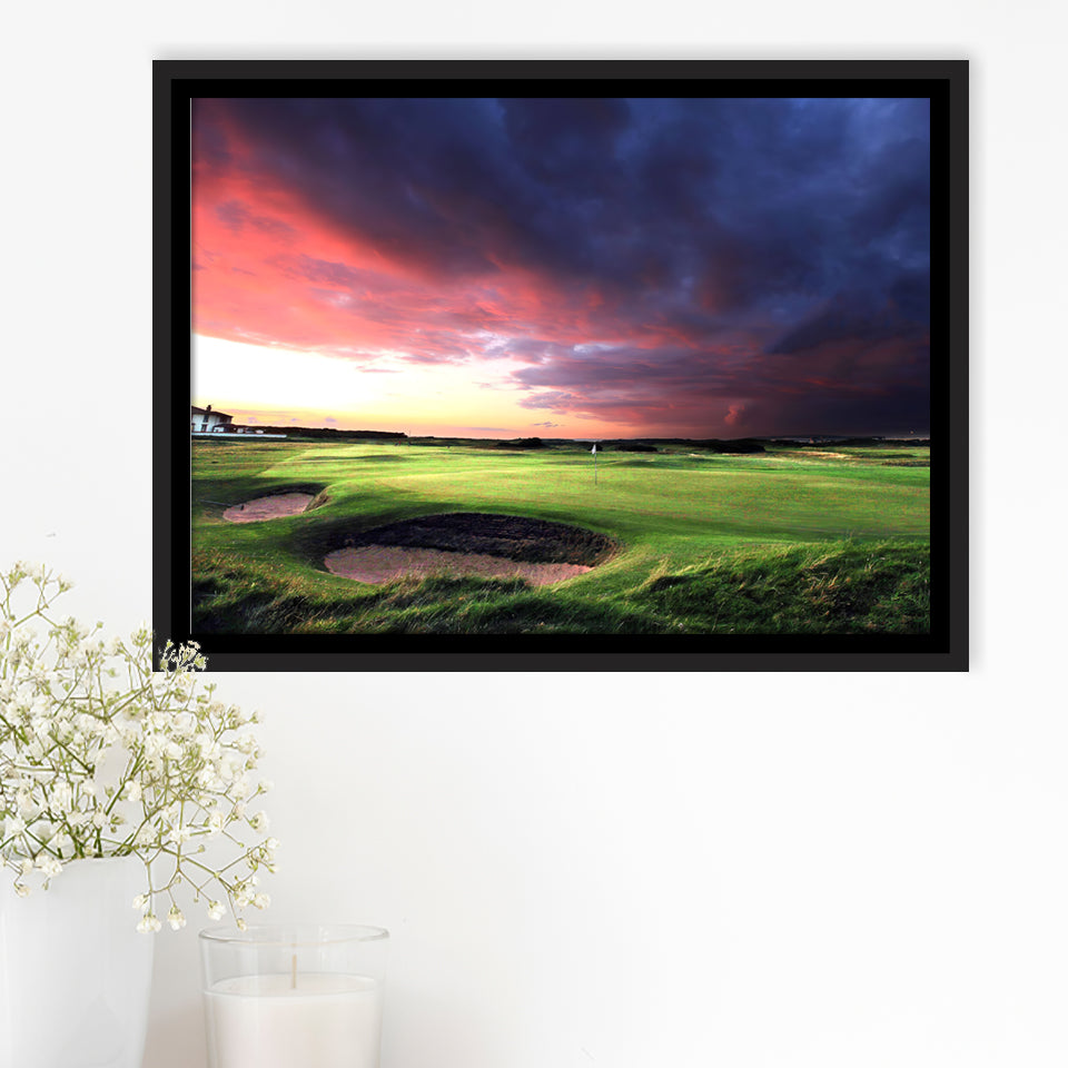 A Golf Course Looking Bright Under The Dark Clouds Framed Canvas Prints Wall Art - Painting Canvas, Floating Frame, Wall Decor