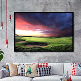 A Golf Course Looking Bright Under The Dark Clouds Framed Art Prints Wall Art Decor - Painting Prints, Framed Picture