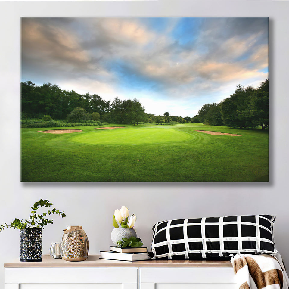 A Golf Course Under The Clouds Highlighting The Tee Cup And The Trees Surrounding Canvas Prints Wall Art - Painting Canvas, Art Prints