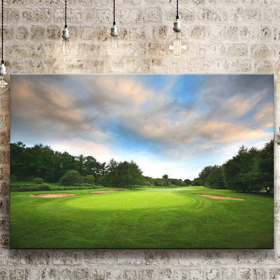 A Golf Course Under The Clouds Highlighting The Tee Cup And The Trees Surrounding Canvas Prints Wall Art - Painting Canvas, Art Prints